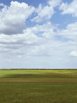 A wide open green field with rolling hills near Luque, showcasing potential land for development under a clear blue sky.