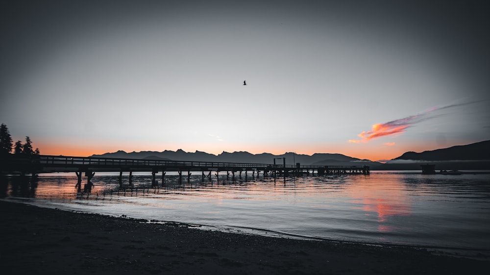 silhouette of bridge on sea during sunset