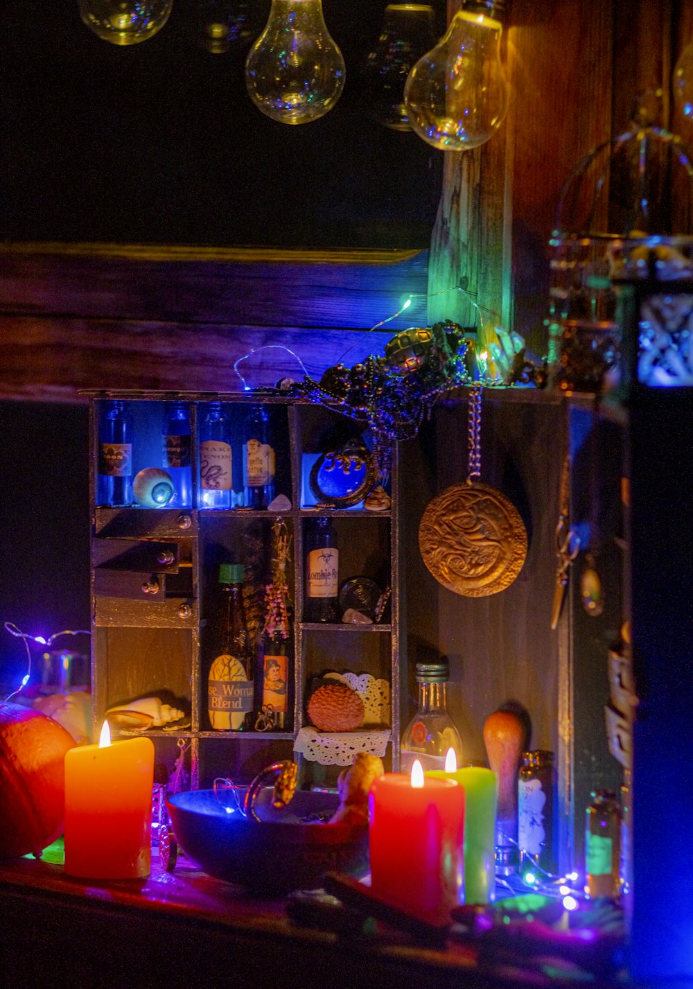 lighted candles on brown wooden table