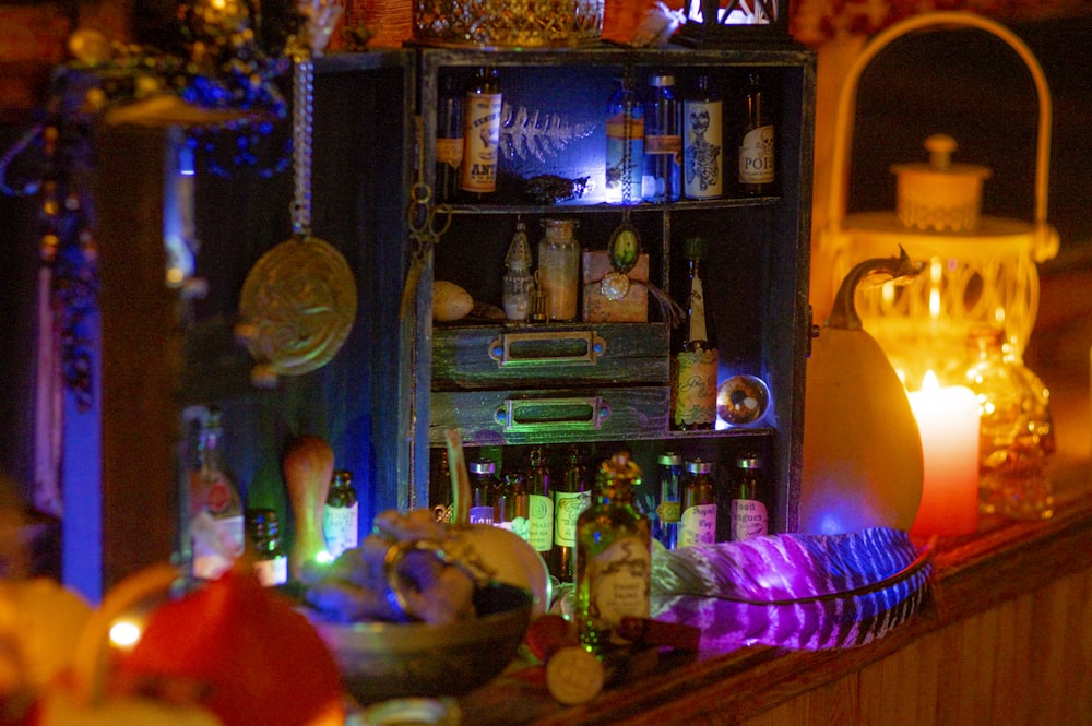 brown wooden shelf with assorted items