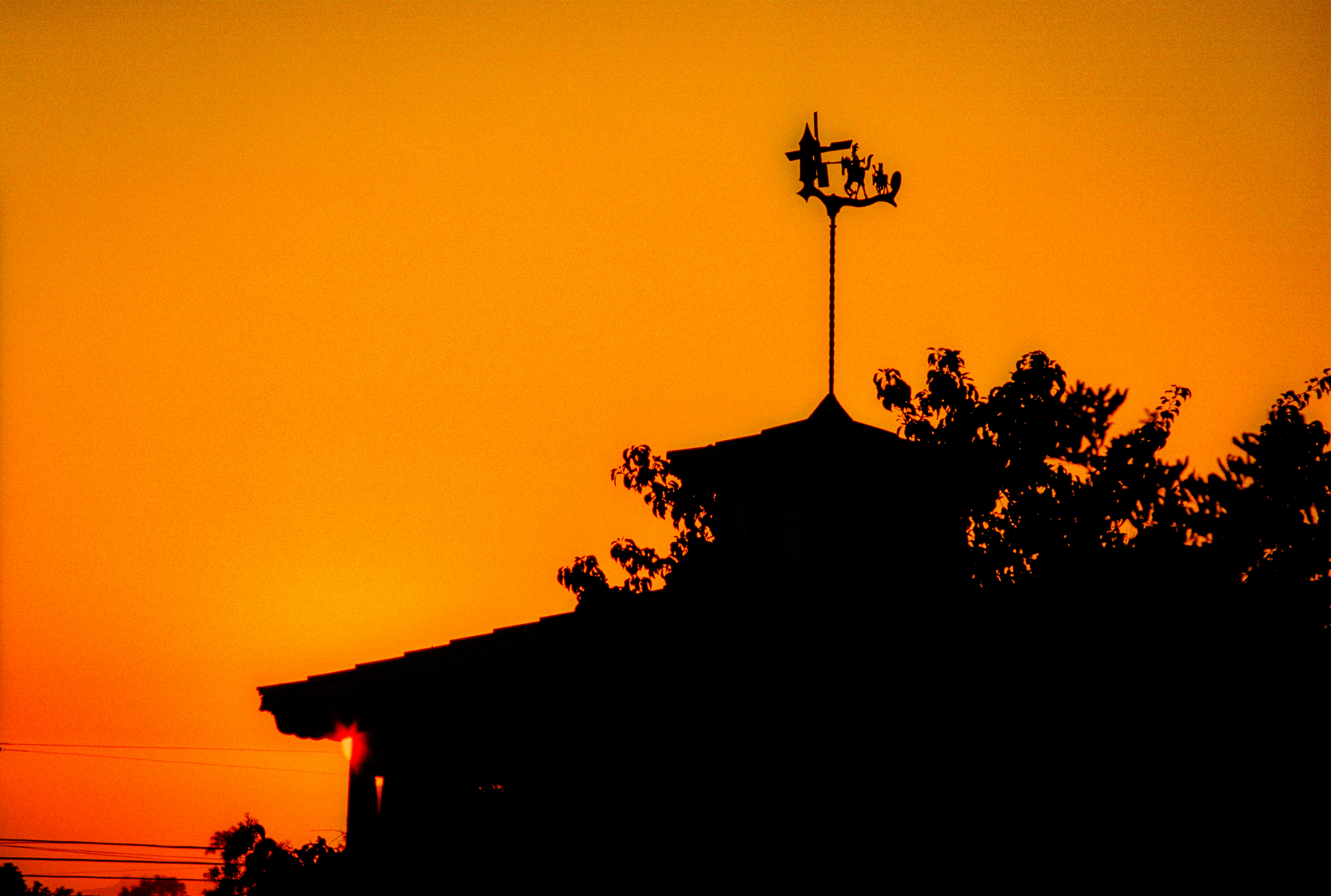 silhouette of tree and house during sunset