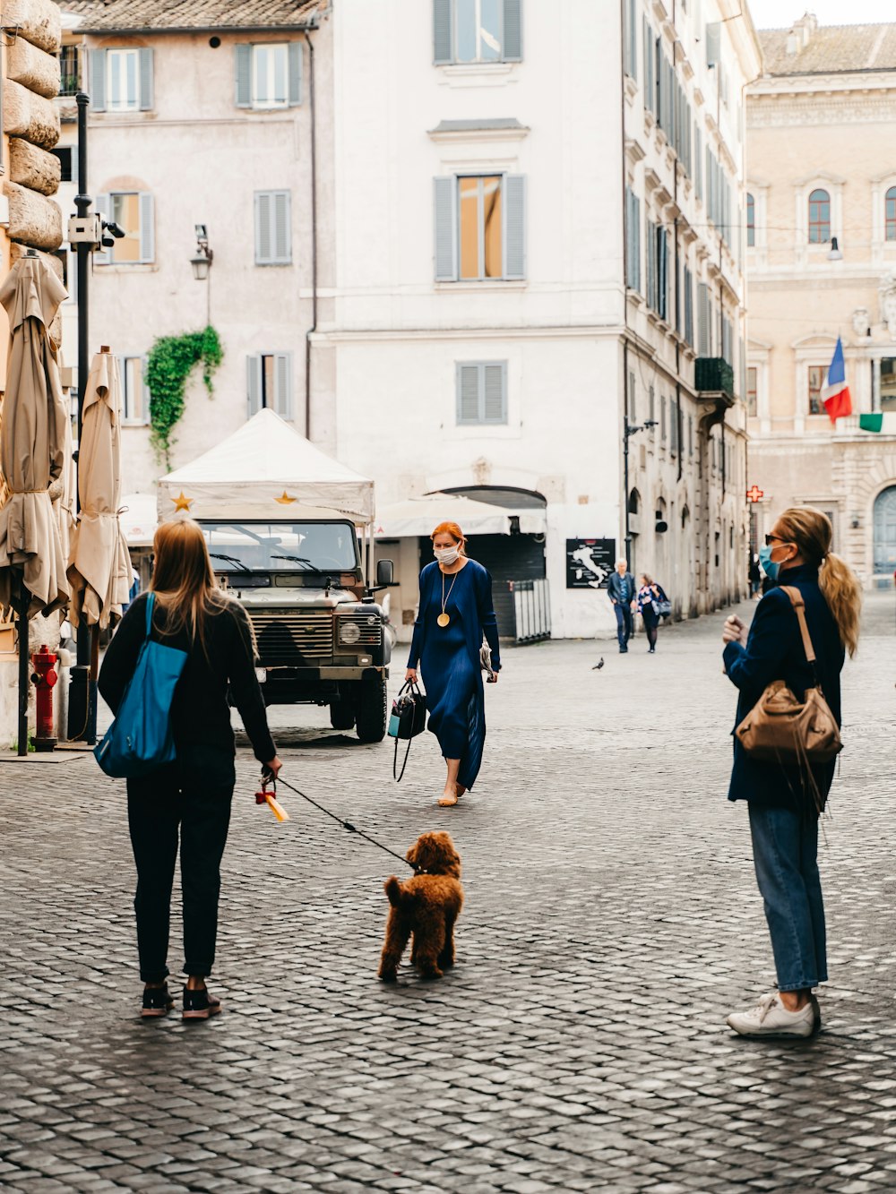 Frau in schwarzer Jacke geht tagsüber mit braunem Hund auf dem Bürgersteig spazieren