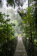 person in yellow jacket standing on hanging bridge