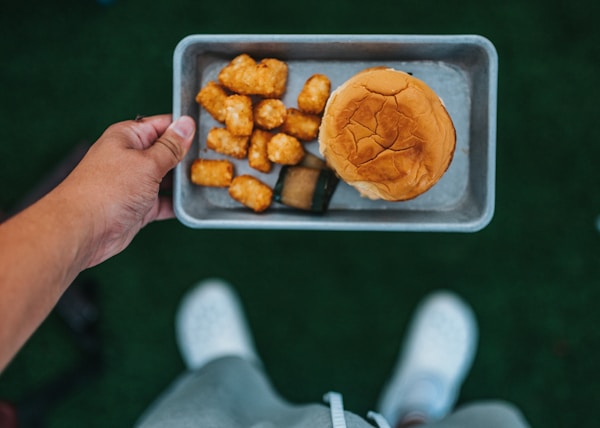 person holding tray with fried food