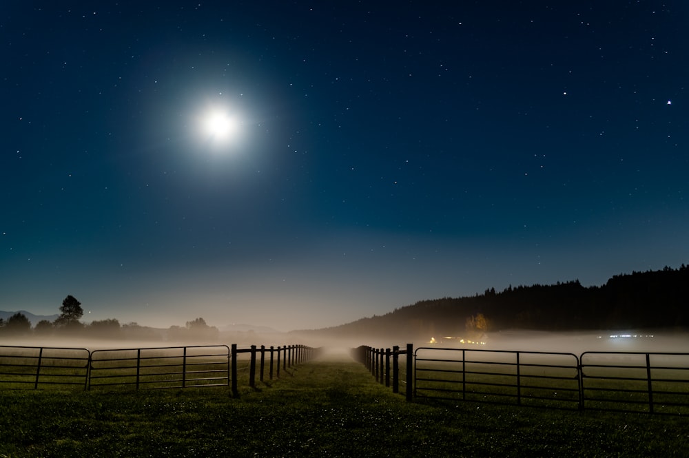 silhouette of fence on green grass field during night time
