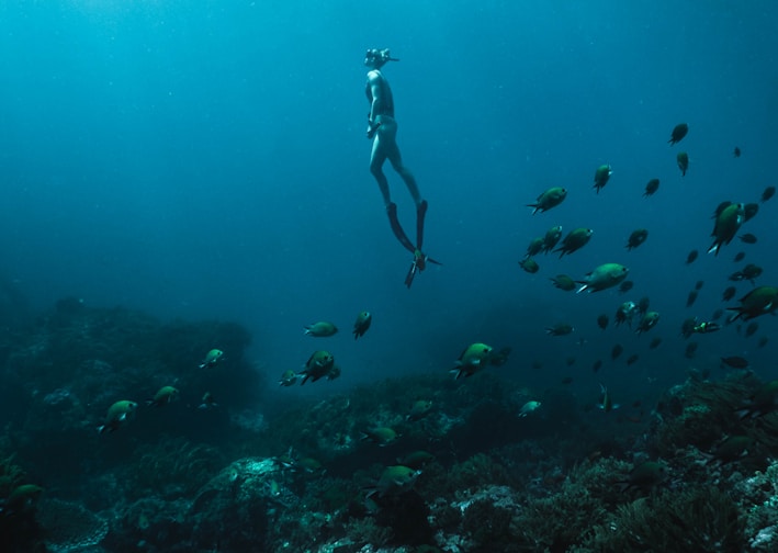 man in black shorts diving on water