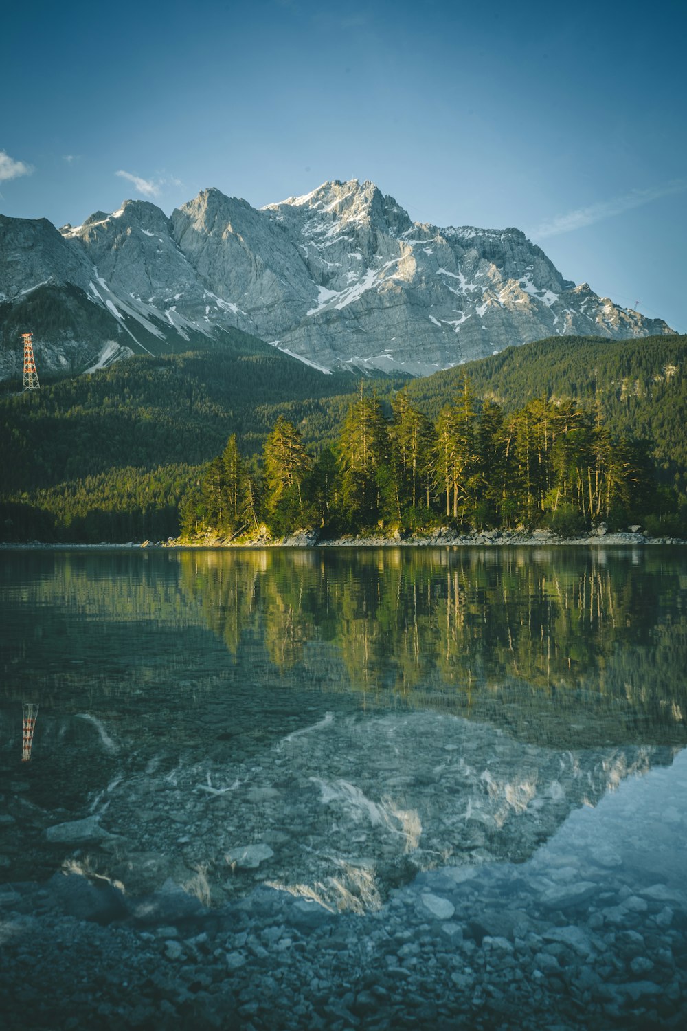 green trees near lake and snow covered mountain