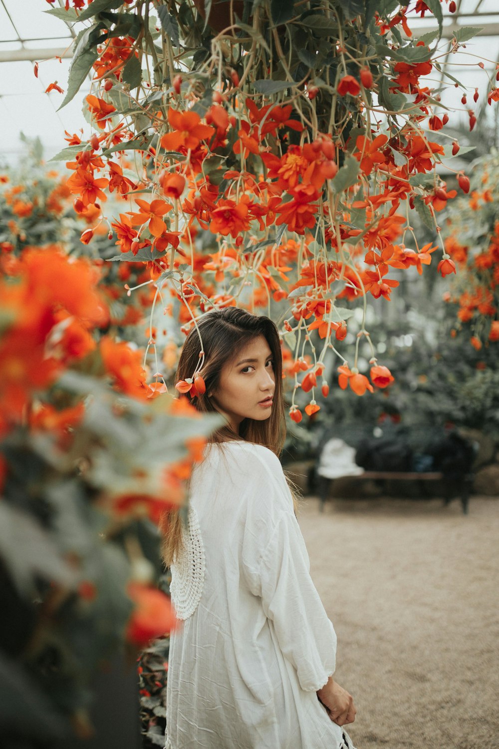 woman in white long sleeve shirt standing under red flowers
