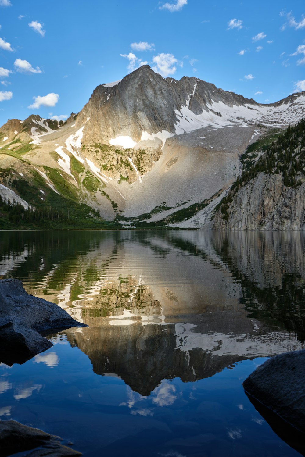 lake near snow covered mountain