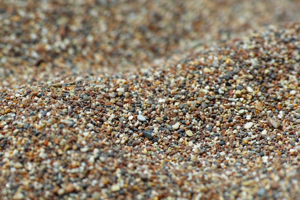 Guijarros marrones y grises sobre arena marrón