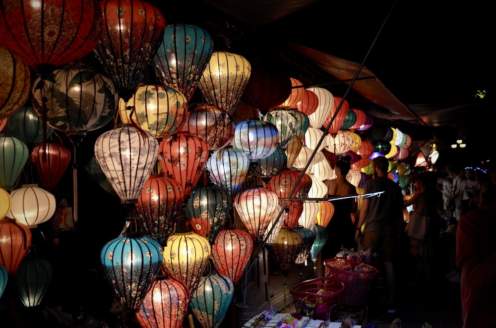 red blue and brown paper lanterns