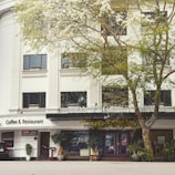 A classic hotel building with ornate architectural details, large windows, and a sign reading MONREGENCY HOTEL. The ground level features a coffee and restaurant area with a visible sign. A large tree with lush foliage partially obscures the facade, adding a natural element to the urban setting.