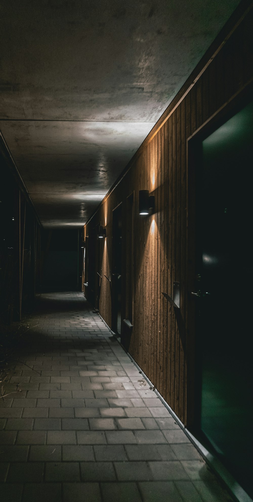 hallway with brown wooden doors