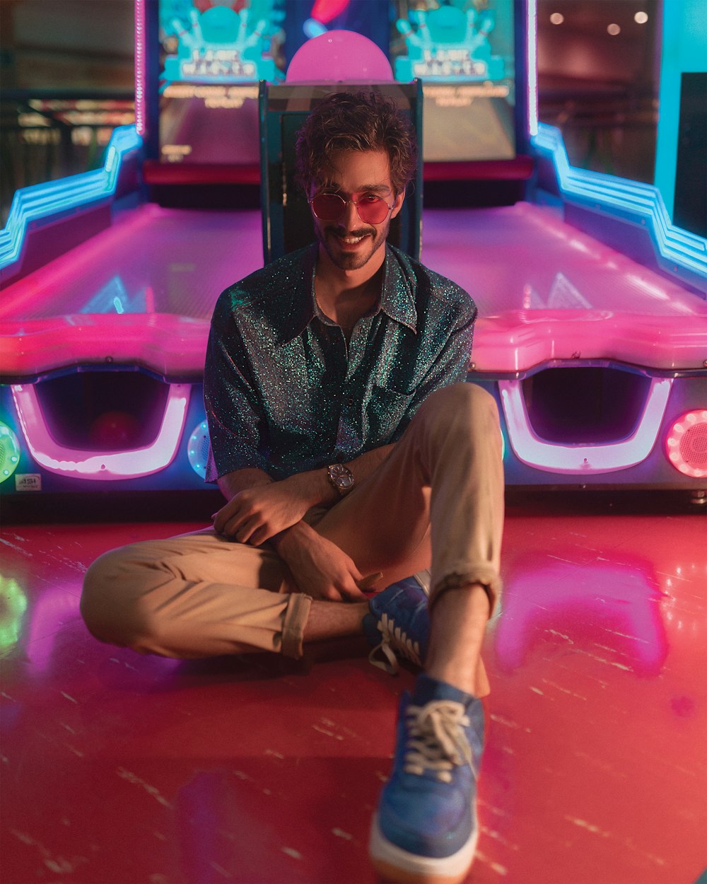 man in brown pants sitting on purple car seat