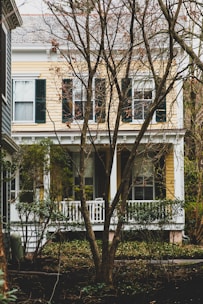 A two-story house with yellow siding and white trim is partially obscured by bare trees in the foreground. The house features several large windows with dark green shutters. There is a small white porch with railings surrounded by shrubs and other greenery.