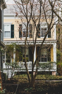 A two-story house with yellow siding and white trim is partially obscured by bare trees in the foreground. The house features several large windows with dark green shutters. There is a small white porch with railings surrounded by shrubs and other greenery.