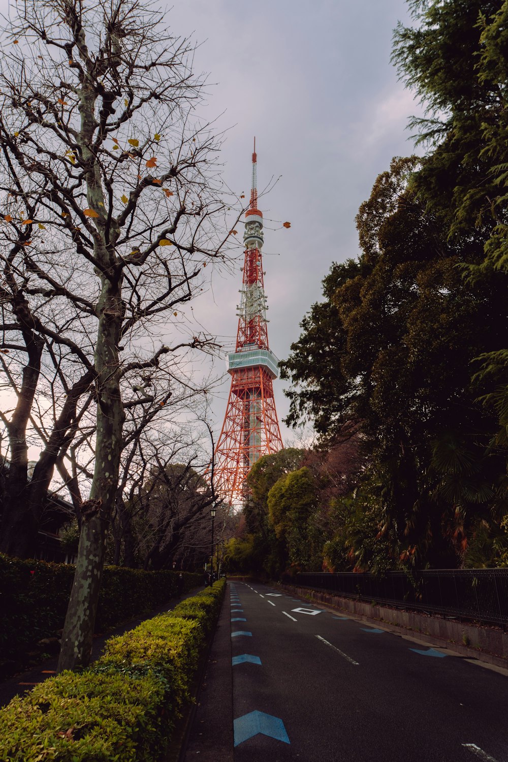 torre rossa e bianca vicino agli alberi verdi durante il giorno