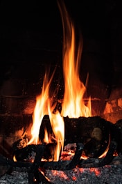 Bright and dynamic flames dance above a set of burning logs in a fireplace, casting warm orange and yellow hues. The wood is cradled in a metal grate, and embers glow beneath, adding a sense of coziness.