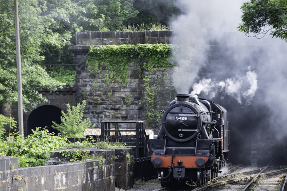 black and red train on rail tracks