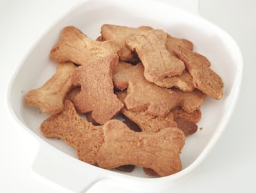 An assortment of gourmet pet treats arranged invitingly in a rustic wooden bowl.