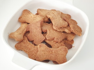 A white bowl filled with numerous bone-shaped brown cookies, arranged in a slightly overlapping manner.
