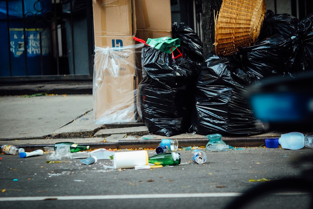 Group Of Red Garbage Bags Stock Photo - Download Image Now - Bag