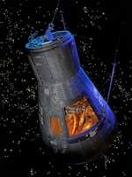 A spacecraft capsule is floating in space against a backdrop of distant stars. The capsule is sleek with visible panels and structure, showing an interior filled with complex machinery and tubing. The light inside the capsule creates a warm, orange glow contrasting with the cold, dark space outside.