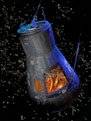 A spacecraft capsule is floating in space against a backdrop of distant stars. The capsule is sleek with visible panels and structure, showing an interior filled with complex machinery and tubing. The light inside the capsule creates a warm, orange glow contrasting with the cold, dark space outside.