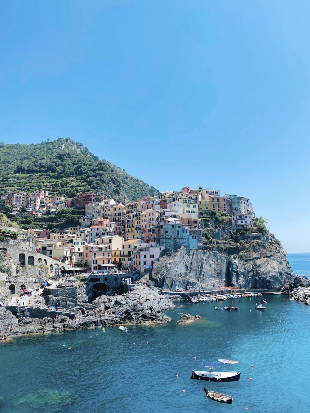 houses on mountain near body of water during daytime