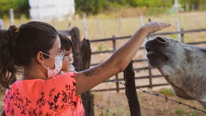 A person wearing glasses and a face mask, accompanied by a young child, is interacting with a friendly animal, possibly a horse or donkey, by reaching out over a barbed wire fence in a rural setting. The background consists of wooden fencing and greenery, creating an open and natural environment.