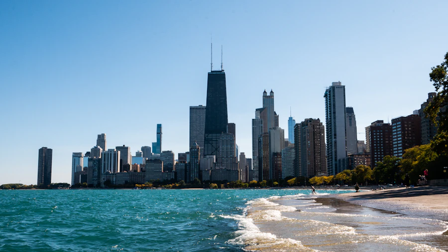 Chicago skyline seen across the water of Lake Michigan