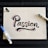 A piece of white paper features the word 'Passion' written in a bold, artistic style with black ink, accented by red and blue highlights. Surrounding the word are two markers, one blue and one black, situated on opposite sides of the paper. The background is a dark, striped surface.