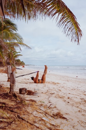 A person is exercising on a sandy beach, using resistance straps attached to a palm tree. The peaceful ocean waves and overcast sky create a serene atmosphere. Palm trees and scattered seaweed line the edge of the beach.