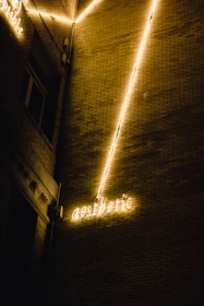 A brick wall on which neon lights are mounted, forming zigzag patterns and the word 'aesthetic' in glowing script. The scene is dimly lit, creating a moody and atmospheric urban aesthetic.