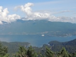 A serene landscape featuring a large body of water surrounded by lush, green forests and large mountain ranges under a partly cloudy sky. In the distance, a white cruise ship sails on the water, adding a touch of activity to the tranquil scenery.