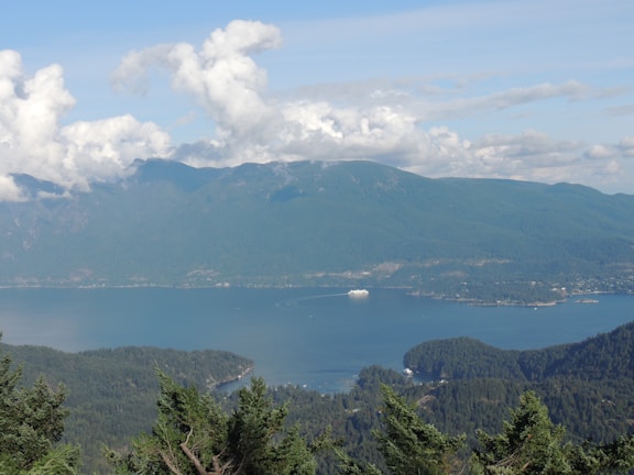 A serene landscape featuring a large body of water surrounded by lush, green forests and large mountain ranges under a partly cloudy sky. In the distance, a white cruise ship sails on the water, adding a touch of activity to the tranquil scenery.