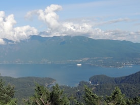 A serene landscape featuring a large body of water surrounded by lush, green forests and large mountain ranges under a partly cloudy sky. In the distance, a white cruise ship sails on the water, adding a touch of activity to the tranquil scenery.