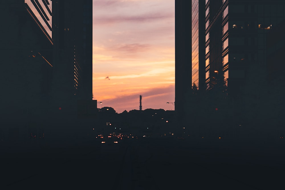 silhouette of city buildings during sunset