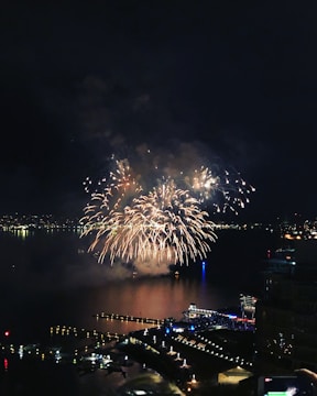 A vibrant display of fireworks lights up the night sky over a body of water, with reflections visible on the surface. The scene includes a waterfront area bustling with people and brightly lit buildings. The city skyline is partially visible in the background, creating a festive atmosphere.