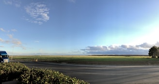A fleet of trucks transporting agricultural goods through lush green fields under a clear sky.