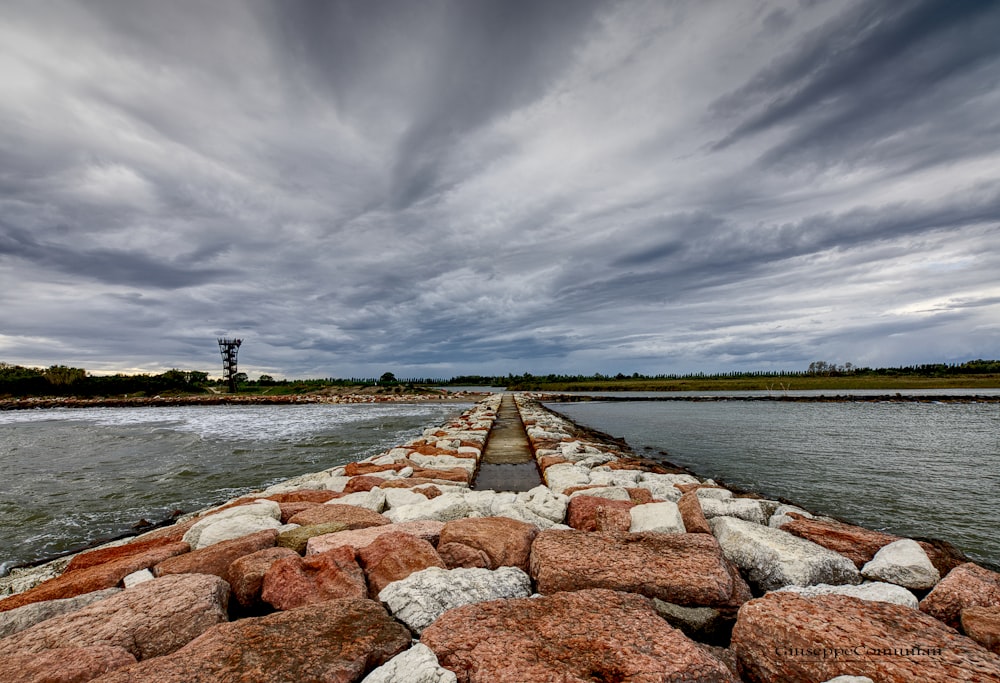 a large body of water surrounded by rocks