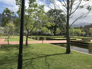 A well-maintained garden features neatly trimmed grass, intersecting brick pathways, and straight lines of small hedges. Trees are scattered throughout the area, some without leaves while others have a full canopy of green foliage. Water bodies with a reflective surface run parallel to the paths, and the sky above is partly cloudy with mountains in the background.