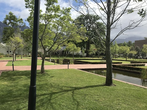 A well-maintained garden features neatly trimmed grass, intersecting brick pathways, and straight lines of small hedges. Trees are scattered throughout the area, some without leaves while others have a full canopy of green foliage. Water bodies with a reflective surface run parallel to the paths, and the sky above is partly cloudy with mountains in the background.