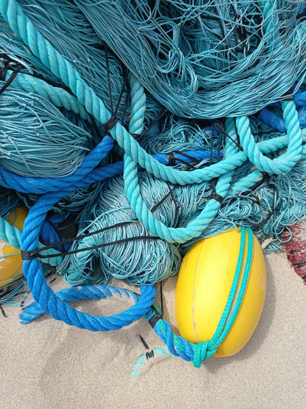 yellow blue and red ball on blue and white rope