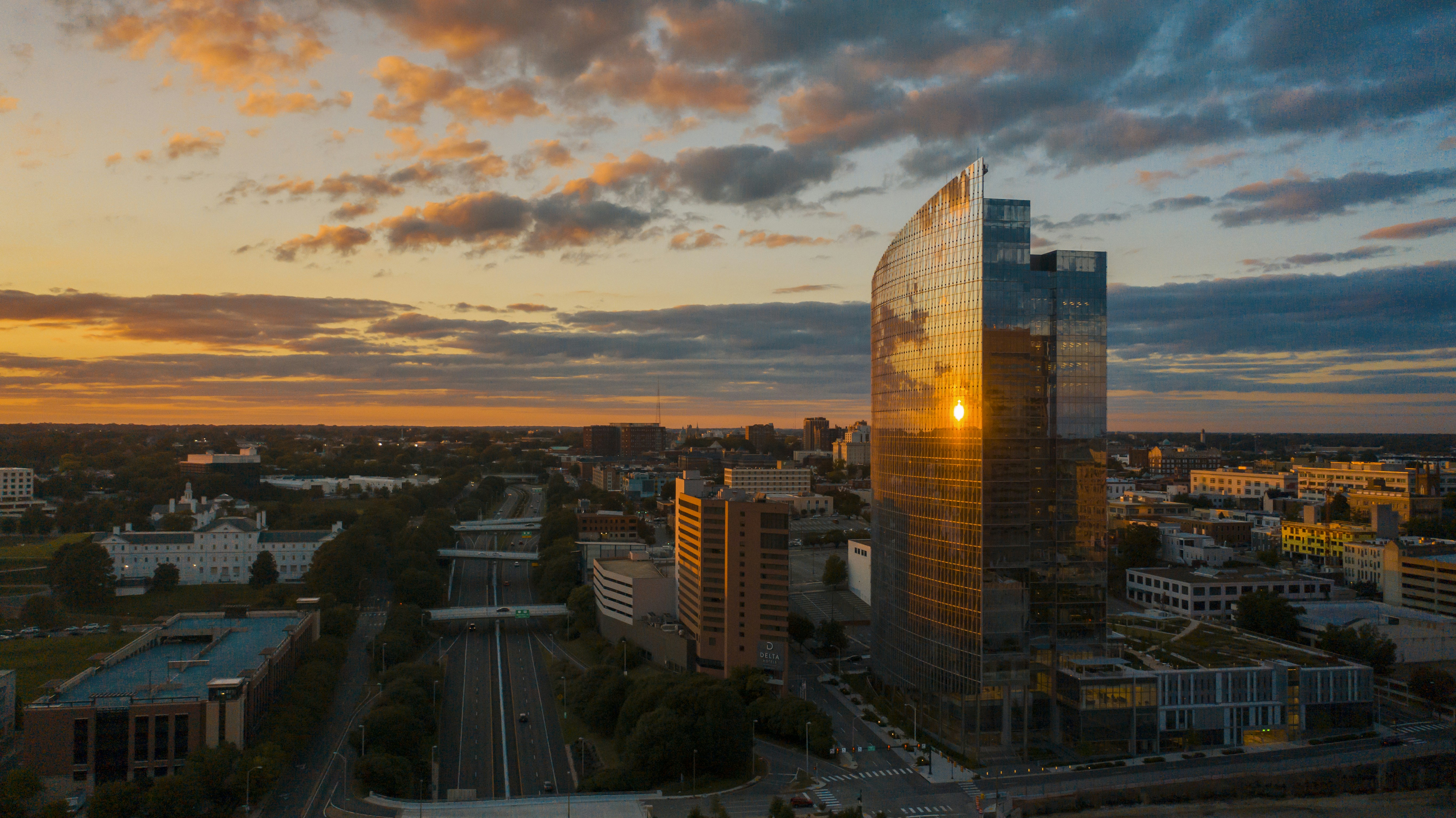 Sunset's reflection on the New Dominion building in Richmond. 