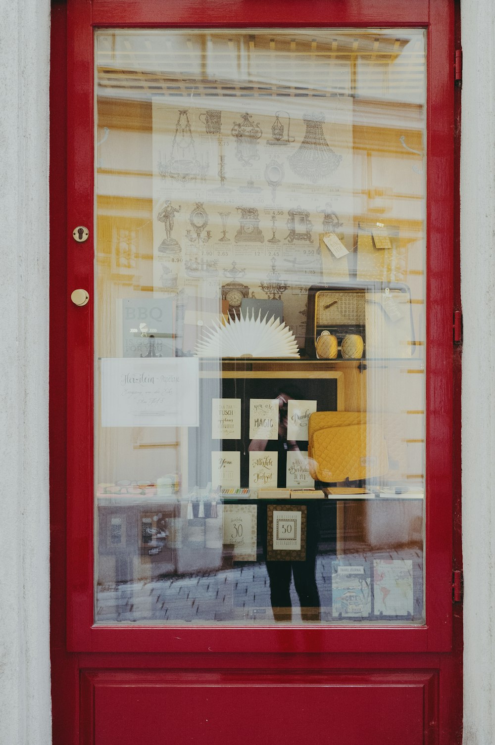 red wooden framed glass door