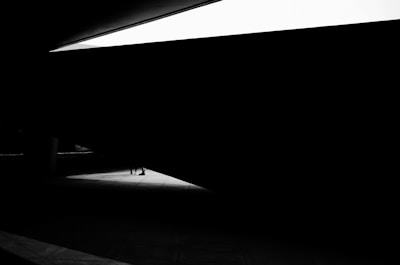 A high-contrast black and white photograph featuring strong geometric shapes and lines, with a small silhouette of a person walking a dog in a narrow, illuminated area surrounded by dark shadows.