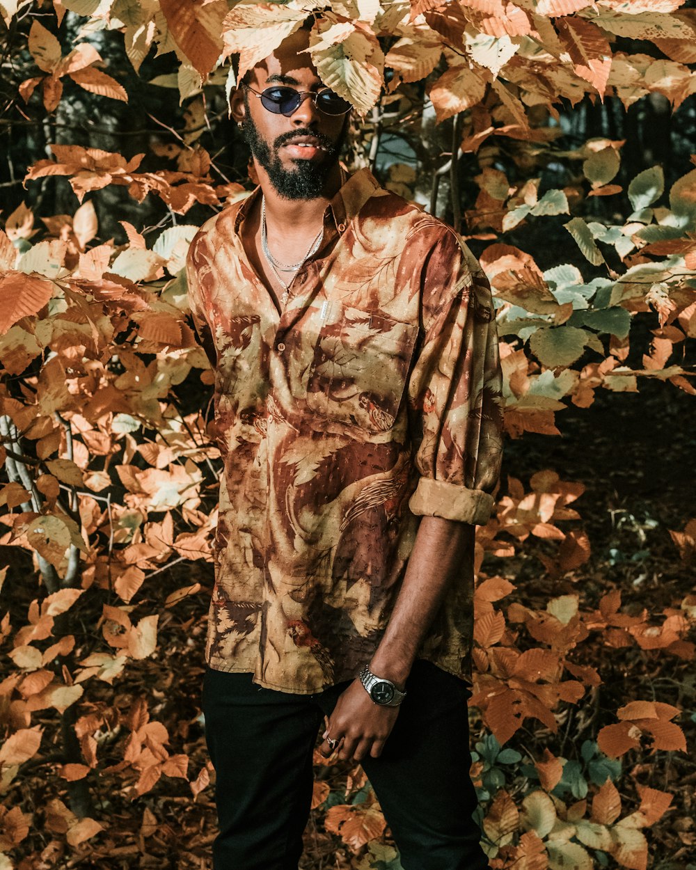 man in brown button up shirt standing on dried leaves