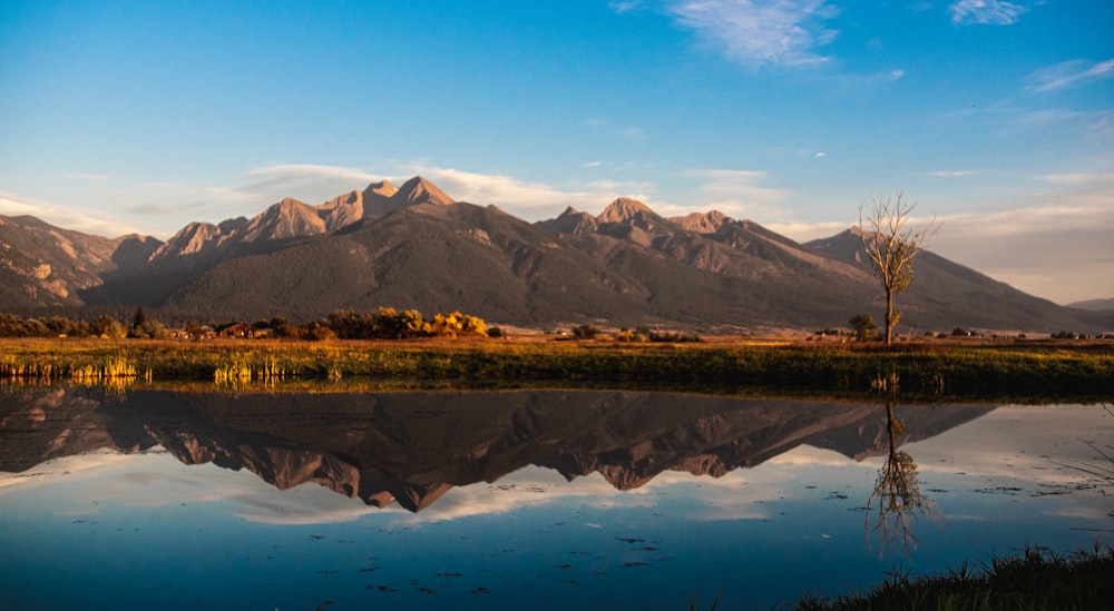 Braune und weiße Berge in der Nähe von Gewässern unter blauem Himmel tagsüber