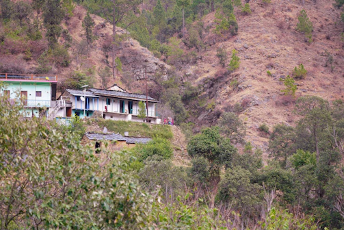 Traditional rural houses surrounded by lush greenery and hills